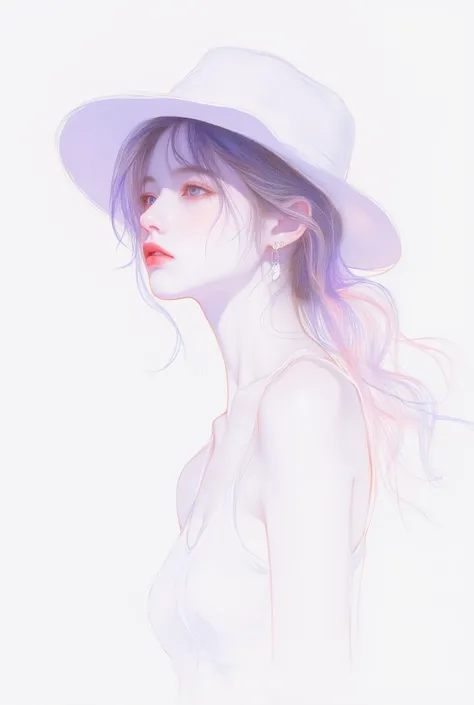 A minimalist pencil sketch of a girl wearing a hat, drawn from the side. Her head is slightly turned, about 25° from vertical. The artwork shows only her outer contour lines, delicate and clean, softly fading away at the edges. No shading, no background. A...