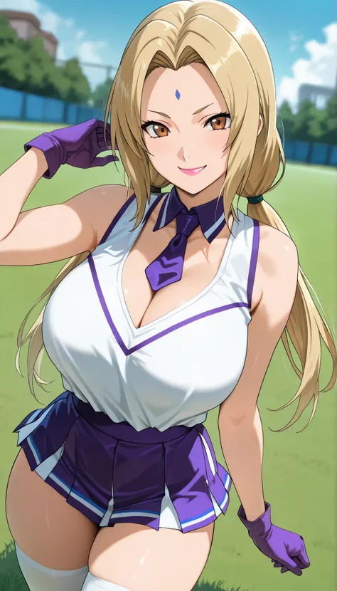 (best quality, masterpiece, ultra detailed, high resolution), Beautiful , score_9, anime style, Masterpiece, best quality, Tsunade, blonde hair, long hair, low twintails, hair tie, brown eyes, forehead mark, pink lipstick, looking at viewer, mature female,...