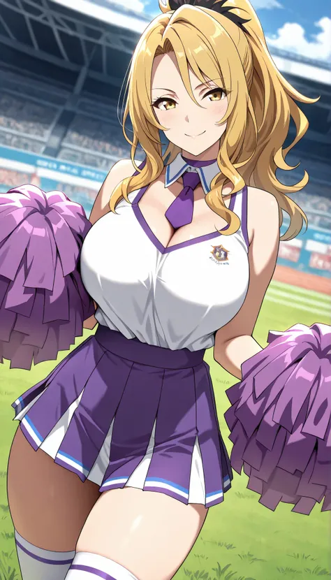 (best quality, masterpiece, ultra detailed, high resolution), Beautiful , score_9, anime style, Masterpiece, best quality, Christina, blonde hair, long hair, ponytail, yellow eyes, looking at viewer, mature female, large breasts, purple choker, detached co...