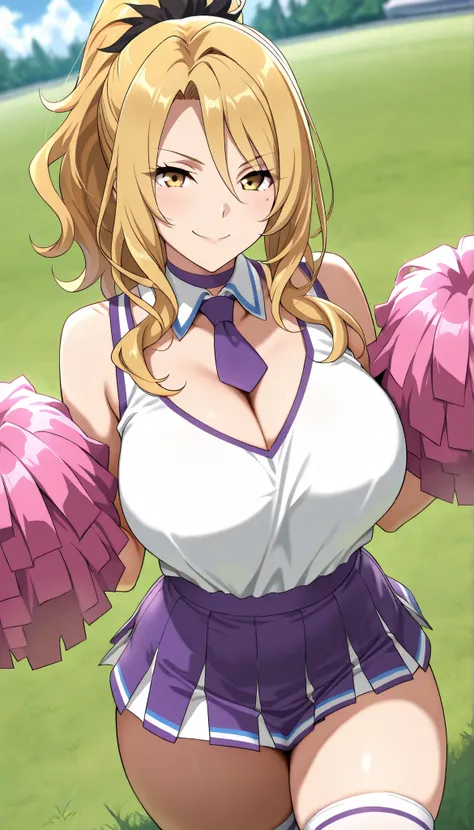 (best quality, masterpiece, ultra detailed, high resolution), Beautiful , score_9, anime style, Masterpiece, best quality, Christina, blonde hair, long hair, ponytail, yellow eyes, looking at viewer, mature female, large breasts, purple choker, detached co...