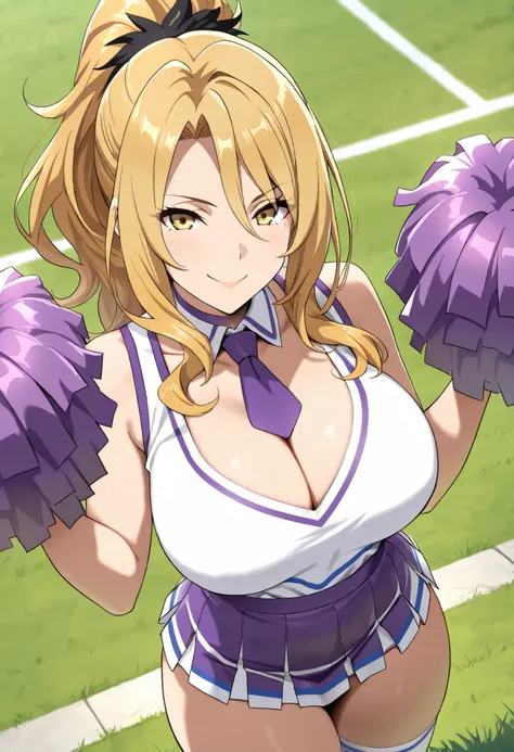 (best quality, masterpiece, ultra detailed, high resolution), Beautiful , score_9, anime style, Masterpiece, best quality, Christina, blonde hair, long hair, ponytail, yellow eyes, looking at viewer, mature female, large breasts, purple choker, detached co...