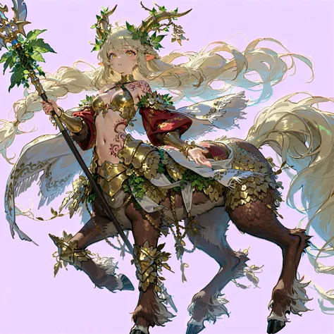 (((masterpiece))), (((Best Quality))), ((Ultra-detailed)), (anime Illustration), ((extremely delicate and beautiful)), solo, Full body, Fantasy race, female monsters, centaur lancer girl, pale gold short-braided hairstyles, spellbound body tattoos, brown f...
