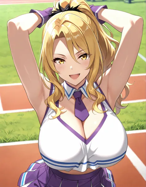 (best quality, masterpiece, ultra detailed, high resolution), Beautiful , score_9, anime style, Masterpiece, best quality, Christina, blonde hair, long hair, ponytail, yellow eyes, looking at viewer, mature female, large breasts, purple choker, detached co...