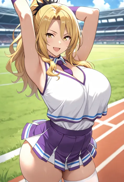 (best quality, masterpiece, ultra detailed, high resolution), Beautiful , score_9, anime style, Masterpiece, best quality, Christina, blonde hair, long hair, ponytail, yellow eyes, looking at viewer, mature female, large breasts, purple choker, detached co...