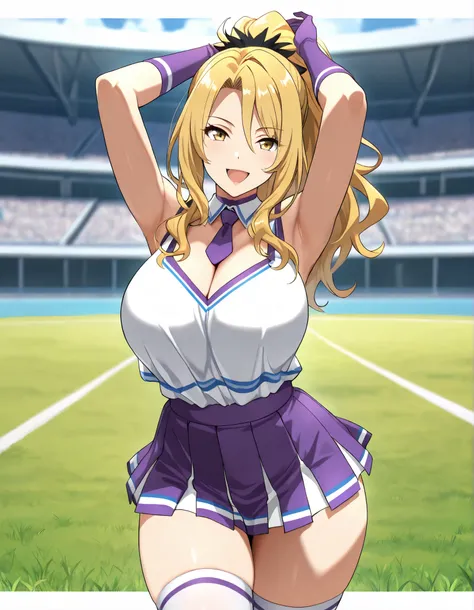 (best quality, masterpiece, ultra detailed, high resolution), Beautiful , score_9, anime style, Masterpiece, best quality, Christina, blonde hair, long hair, ponytail, yellow eyes, looking at viewer, mature female, large breasts, purple choker, detached co...