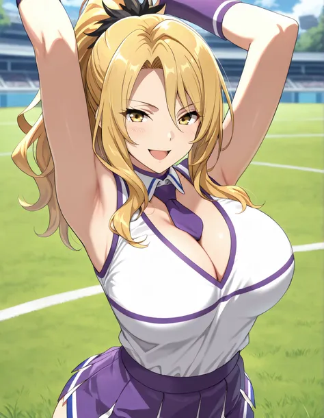 (best quality, masterpiece, ultra detailed, high resolution), Beautiful , score_9, anime style, Masterpiece, best quality, Christina, blonde hair, long hair, ponytail, yellow eyes, looking at viewer, mature female, large breasts, purple choker, detached co...