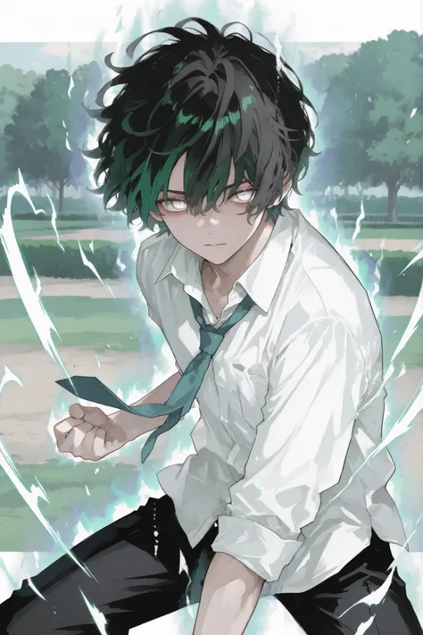 Male, white shirt, black pants, blue-green tie, messy wavy hair, dark hair, black hair, short hair, white eyes, high school, white aura, park landscape, white and blue aura, floating hair, fight stance