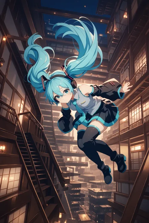 aqua necktie, black footwear, black skirt, black sleeves, boots, collared shirt, detached sleeves, grey shirt, necktie, pleated skirt, shirt, skirt, sleeveless, sleeveless shirt, thigh boots, tie clip,,miku hatsune, ahoge, aqua eyes, aqua hair, crossed ban...