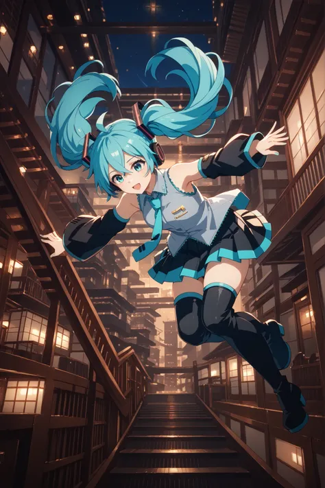 aqua necktie, black footwear, black skirt, black sleeves, boots, collared shirt, detached sleeves, grey shirt, necktie, pleated skirt, shirt, skirt, sleeveless, sleeveless shirt, thigh boots, tie clip,,miku hatsune, ahoge, aqua eyes, aqua hair, crossed ban...