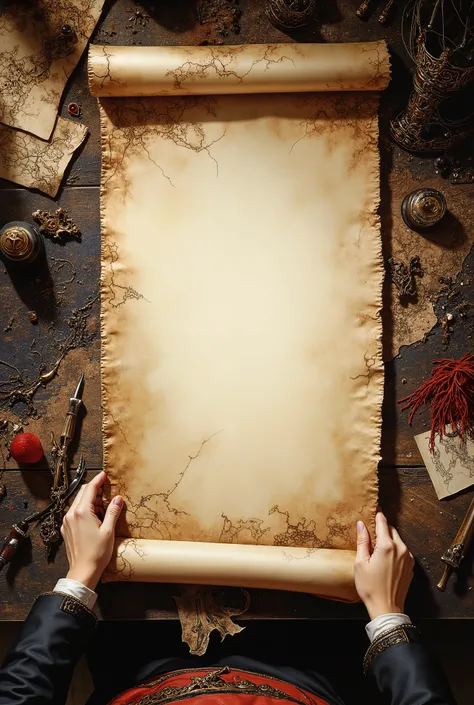Unfold a blank, faded treasure map on a wooden desktop,and a pair of pirate captain's hands hold down both sides of the map,Pirate equipment is placed on the table,