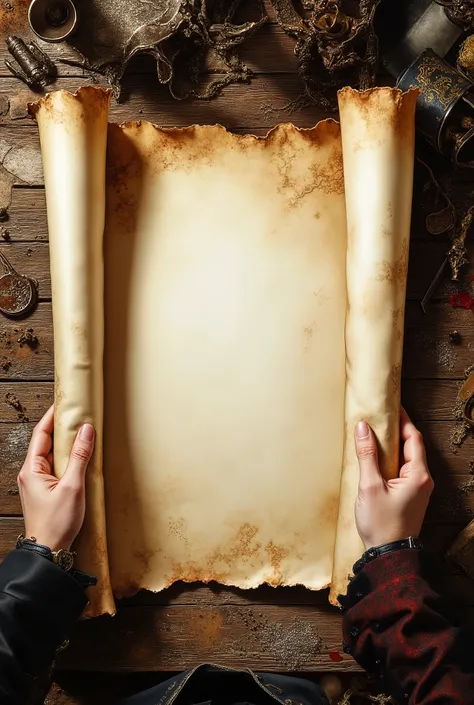 Unfold a blank, faded treasure map on a wooden desktop，Hold down both sides of the map with a pair of pirate captain's hands，Pirate equipment is placed on the table，
