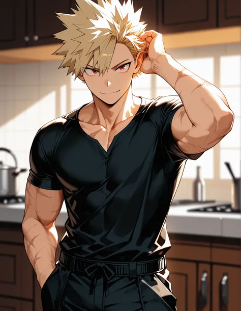 solo, {Katsuki Bakugo, ((male)), muscular, mature:1.9, my hero academia, red eyes, blonde spiky hair, scar on left cheek, scars on right arm, large scar down right side of chest, black tshirt, black cargo pants, pushing hair back, smiling, flirty look,} [B...