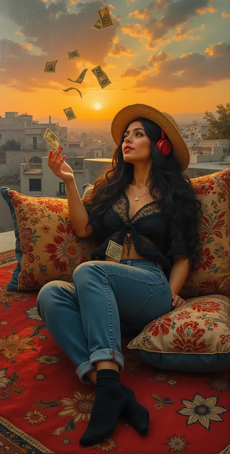 created a painting with oil painting with huge details , In the style of the artist Leonardo Davinci , In the era of the European renaissance ,  A fully detailed painting of an Arab woman lying on the roof of the house on an Arab carpet holding a collectio...