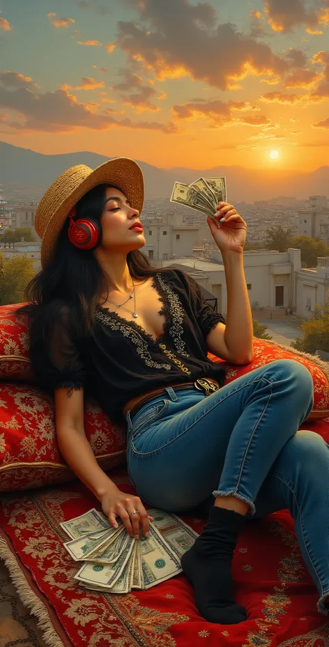 created a painting with oil painting with huge details , In the style of the artist Leonardo Davinci , In the era of the European renaissance ,  A fully detailed painting of an Arab woman lying on the roof of the house on an Arab carpet holding a collectio...