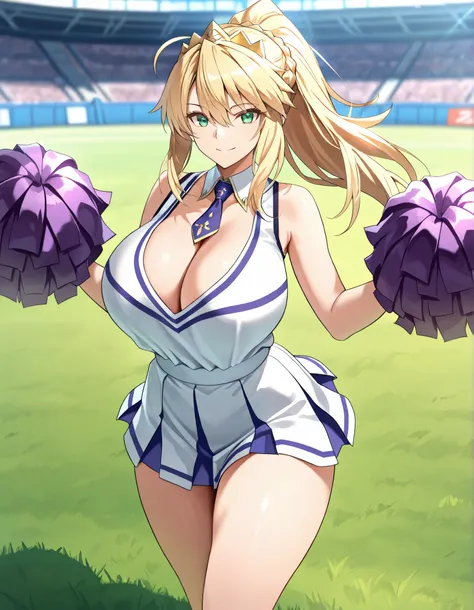 (best quality, masterpiece, ultra detailed, high resolution), Beautiful , tall, score_9, anime style, Masterpiece, best quality, 1girl, purple necktie, solo, Artoria pendragon, 1strule, blonde hair, green eyes, ponytail, french braid, tiara, , long hair,,...