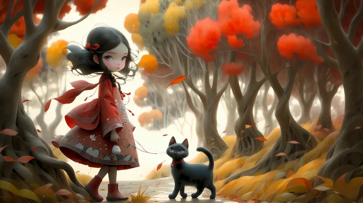 a girl plays with a cat in A path surrounded by trees in autumn, the wind carries the leaves, coloring the landscape in shades of red and orange, detailed, intricate, moody colors, expressive styles, by Nicoletta Ceccoli and Benjamin Lacombe with patterns