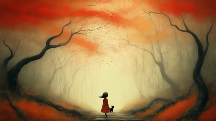 a girl plays with a cat in A path surrounded by trees in autumn, the wind carries the leaves, coloring the landscape in shades of red and orange, detailed, intricate, moody colors, expressive styles, by Nicoletta Ceccoli and Benjamin Lacombe with patterns