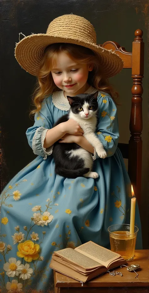 created a painting with oil painting with huge details , In the style of the artist Leonardo Davinci , The art of the era of European Renaissance ,  A fully detailed painting of a little girl sitting on a chair with her black and white cat in her arms and ...