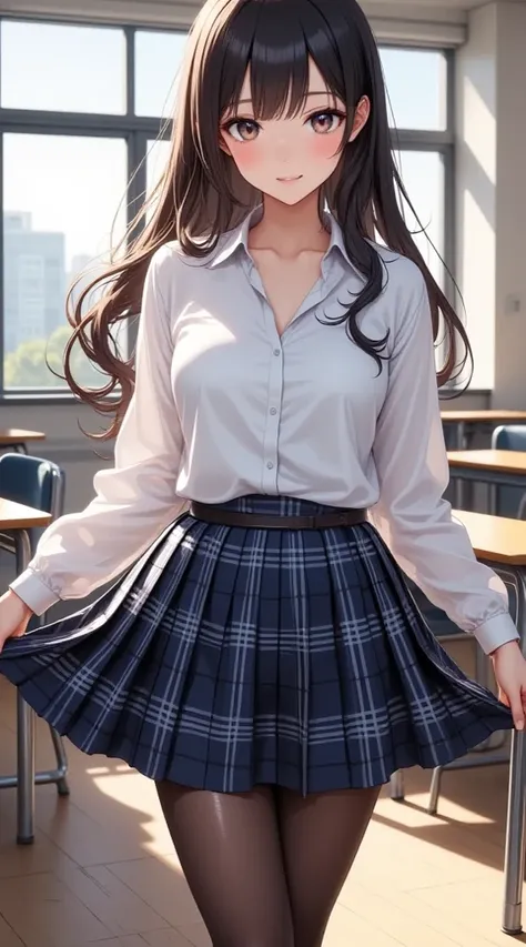  (masterpiece,     computer, mejor quality,    Clear focus, shadow, of the rays of God, ultra high resolution, 8K, pupils perfect anatomy, perfect face, (detailed face), (detailed eye), score_9, score_8_above, score_7_above, score_6_above, score_5_above, score_4_above, source_ lively, Label 1, Label2, quality_masterpiece,  Anatomically correct , beautiful face, perfect face, Beautiful and highly detailed face and eyes,    Attractive Face   , detailed face, rasgos faciales delicados, bare shoulders, enormes pechos, bra size D or DD, wide hips, gigantic butt, thick thighs. looking at the spectator. fantastic environment. anime-style illustration with an elegant, slim build and pronounced bust, set in a school classroom illuminated by natural light that enters through the windows, wearing traditional Japanese school uniform: long sleeve white blouse and short plaid skirt in shades of navy blue and white. She holds the skirt with both hands, lifting it slightly to the sides. She wears dark, tight tights that cover her legs, with a shiny and realistic finish. The environment includes desks and chairs typical of a classroom.