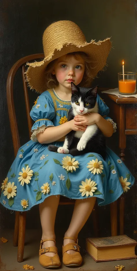 created a painting with oil painting with huge details , In the style of the artist Leonardo Davinci , The art of the era of European Renaissance ,  A fully detailed painting of a little girl sitting on a chair with her black and white cat in her arms and ...