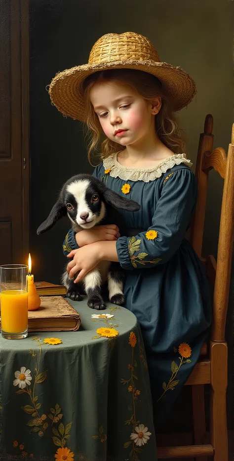 created a painting with oil painting with huge details , In the style of the artist Leonardo Davinci , The art of the era of European Renaissance ,  A fully detailed painting of a little girl sitting on a chair with a small black and white goat in her arms...