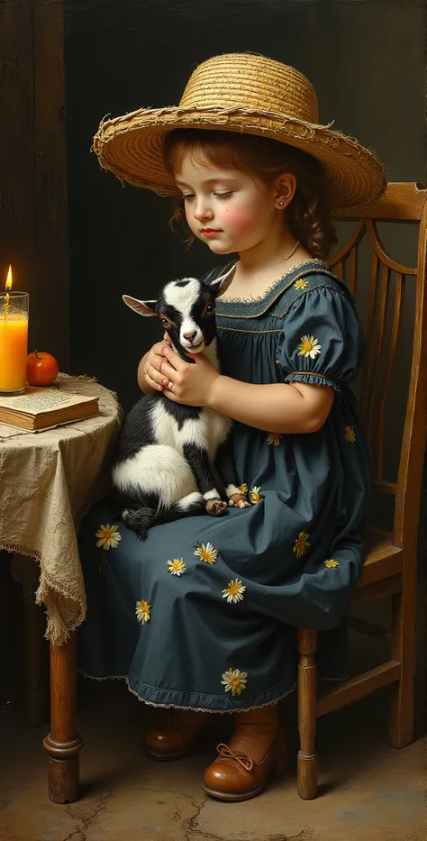 created a painting with oil painting with huge details , In the style of the artist Leonardo Davinci , The art of the era of European Renaissance ,  A fully detailed painting of a little girl sitting on a chair with a small black and white goat in her arms...