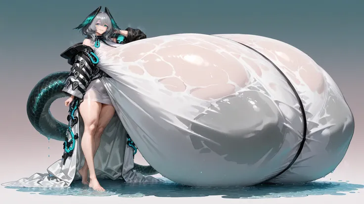 1girl, ((hyper breasts)), mature female, ho'olheyak_arknights, smile, white dress, oversized dress, bare shoulder, overhang, perky breasts, gradient background, wet, wet skin, wet hair, hand in hair, bare feet, covered legs, standing