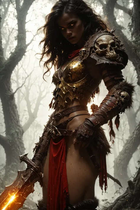 This hyperrealistic digital painting depicts a sexy, muscular woman with yellow eyes and a fierce expression, standing in a dead and eerie forest. She wears detailed brown and red fantasy armor, trimmed with fur, leather straps, and metallic details. Her a...