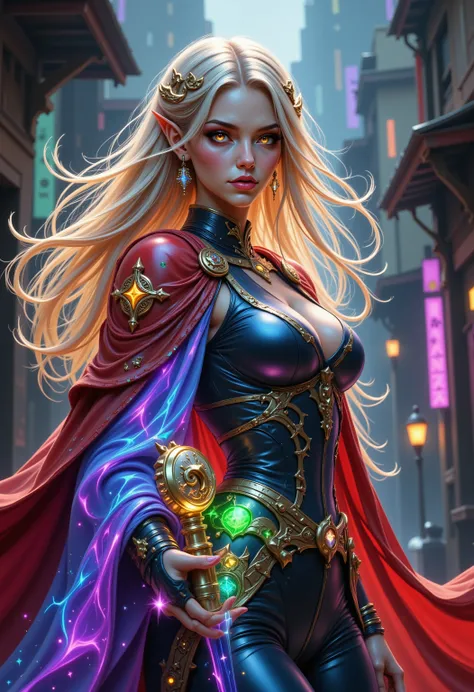 Colorful,a portrait of a female elf (intense details, Masterpiece, best quality) fantasy cleric, fantasy celestial guardian, armed with a holy symbol, shinning holy symbol, metallic shine, an ultra wide shot, full body (intense details, Masterpiece, best q...