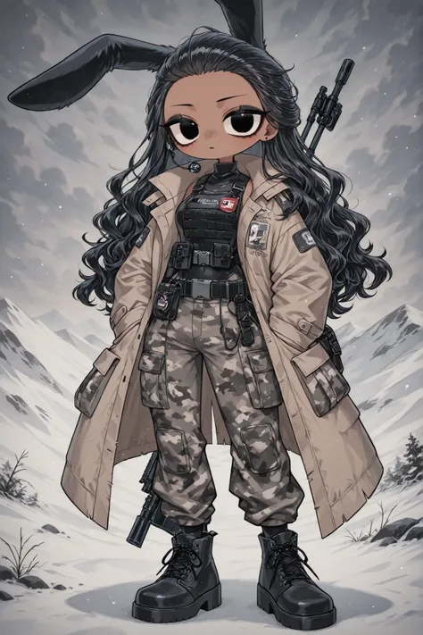 (edanoma_meu_illu,portrait) black furry bunny. She has long black bunny ears and bunny pompom-like tail. She has slim build, small breasts, narrow hips. She has dark tanned skin. She has black short wavy hair, slicked back hairstyle. She has black eyes. Sh...