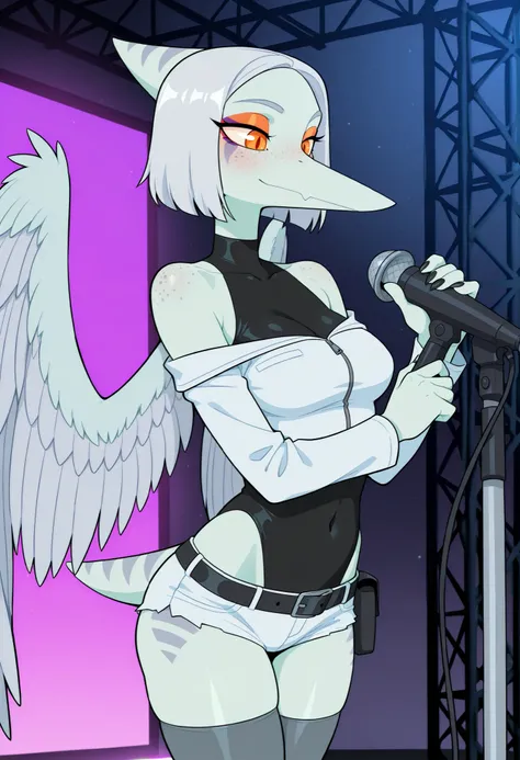 masterpiece, best quality, amazing quality, anime coloring, fang_gvh, orange eyes, short tail, solo, white spread wings, black claws, orange makeup, purple eyelashed, furry, pterodactylus, long snoot, anime accurate, detailed, beautiful, long nose, wings, ...