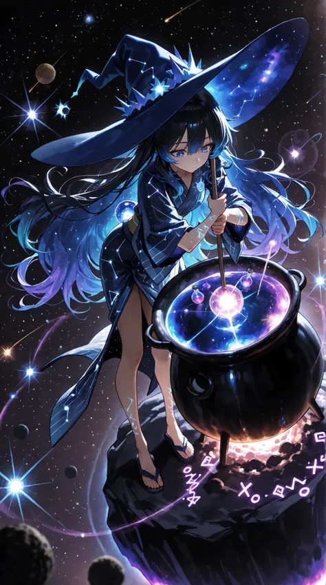 lens flare,lens flare風,colorful,(masterpiece, Highest Quality), from above, ((asteroid )), ((Glowing Run, Runes on Arms and Legs)), ((Cauldron, Cauldron with galaxy inside)), 1girl, solo, ((Star-like aura)), ((Space Yukata, Glowing Potion Bottle)), charact...