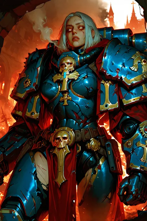 Epic digital painting of a fierce Battle Sister from Warhammer 40,000, Repentia or Celestian, standing triumphantly on a war-torn battlefield. She is muscular, sweaty, and covered in dirt and minor blood spatter, with a determined and zealous expression. S...