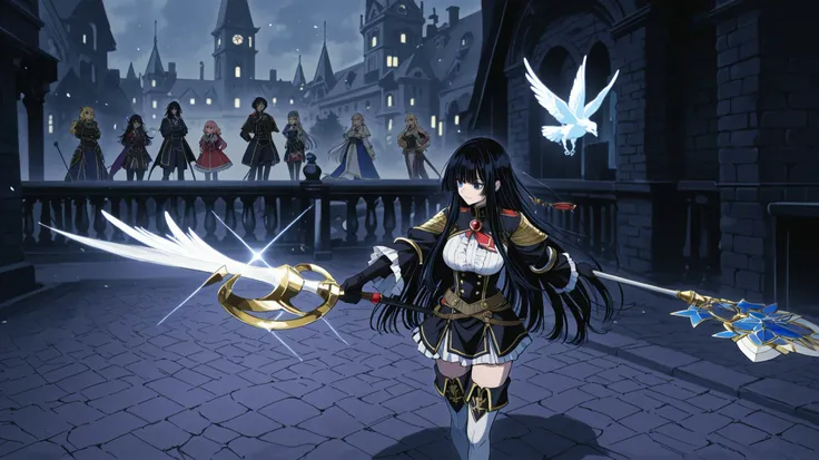 Uma cena de fantasia mística se desenrola, featuring a female character with long black hair dressed in an elaborate dark e ouroen armor set. cote de cabelo hime, cabelos longos, oculos de armação, bela jovem, olhos vermelhos rubis, Ela está em um piso de ...