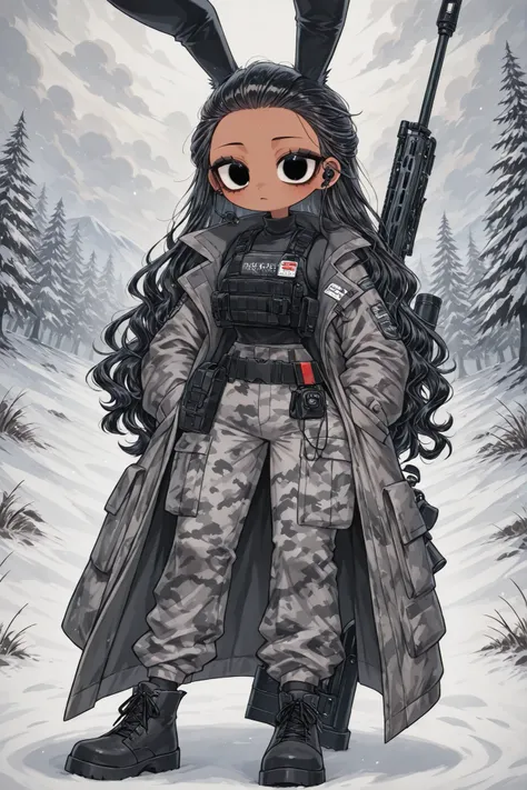 (edanoma_meu_illu,portrait) black furry bunny. She has long black bunny ears and bunny pompom-like tail. She has slim build, small breasts, narrow hips. She has dark tanned skin. She has black short wavy hair, slicked back hairstyle. She has black eyes. Sh...