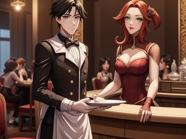 chan,style,Borderland, Daria, animestyle,
😈 : a young man with short, smooth black hair and distinctive chin, appears in flawless black maid costume — white collar, ironed apron, gloves — each button fits perfectly, his gaze is focused, his posture discipl...