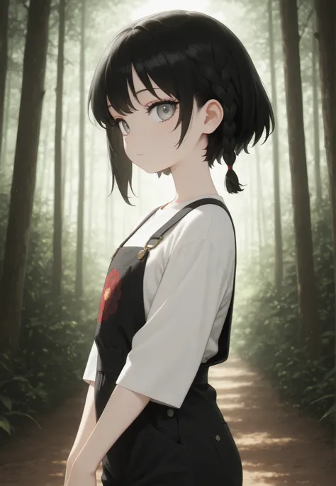 Masterpiece, Best Quality, Newest, Safe, Good Anatomy, Good Resolution, Good Lighting. Beautiful, Anime, Normal. Girl, Black Hair, Short Hair, Hairstyle, One Braid. Light Gray Eyes. Black Eyelashes, Fair Skin. Adorable, She is 8 Years Old, Height 1'28 cm. ...