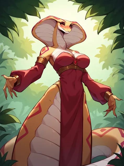 source_anime, jungle temple background, low angle, from below, solo, 1girl, very bottom-heavy anthro-snake woman, naga, naga_tail, no legs, serpent, wearing a long fantasy sensual garb, magenta sleeves, snake queen, has big white cobra frills, pale tan sna...