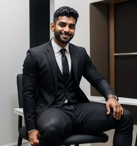  33 year old attractive man, One Man,、  muscular、Sri Lankan man。  black suit ,black suit、  black skinny jeans 、short hair　、office for 1 day、 sitting next to a、  black suit、black suit、  black skinny jeans 、  lifts his upper body to highlight his expression　ハンサムなSri Lankan man 　Man in front 　 stubble smirking