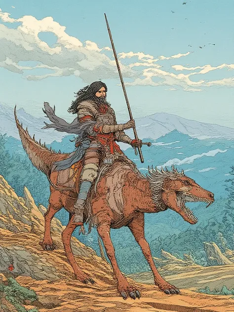 A multi-colored woodblock print. Designed by Kilian Eng. Flat art illustration. Highly aesthetic, highly detailed, two-dimensional, anatomically accurate, off-center composition, low-angle view.
A handsome knight in armor is riding a bipedal dragon resembling a harnessed Velociraptor. With long hair and a sharp gaze, he holds a long spear and the dragon's reins, glaring silently but menacingly at the viewer. Reminiscent of medieval fantasy, the knight carries a sword at his waist and wears a long, flowing hooded cape.
Exuding a powerful presence, he stands along a rugged path. 

Copperplate Print. Designed by Cool Japan Style. Flat art illustration. Highly aesthetic, highly detailed, two-dimensional, anatomically accurate, off-center composition, low-angle view.
A handsome knight in armor is riding a bipedal dragon resembling a harnessed Velociraptor. With long hair and a sharp gaze, he holds a long spear and the dragon's reins, glaring silently but menacingly at the viewer. Reminiscent of medieval fantasy, the knight carries a sword at his waist and wears a long, flowing hooded cape.
Exuding a powerful presence, he stands along a rugged path. 
The dragon he was riding on was slim, but looked very agile and dynamic. In addition to horse tack, it was also equipped with protective gear. 
This work depicts rolling hills and rocks in the background, with clouds, flying birds, and forests in the distance. The detailed yet exquisite color combination vividly expresses the sense of perspective. 
The knight's face is beautiful, exuding a charm that will capture the hearts of modern people.
This is a masterpiece of the highest quality, with a high level of aesthetic sense and anatomical accuracy, beautifully depicting limbs, the natural human body, otherworldly wildernesses, and noble knights. It is breathtakingly beautiful. It is a masterpiece worthy of being preserved for future generations, and has also been used as an illustration for art books and novels. 
This work depicts rolling hills and rocks in the background, with clouds, flying birds, and forests in the distance. The detailed yet exquisite color combination vividly expresses the sense of perspective. 
The knight's face is beautiful, exuding a charm that will capture the hearts of modern people.
This is a masterpiece of the highest quality, with a high level of aesthetic sense and anatomical accuracy, beautifully depicting limbs, the natural human body, otherworldly wildernesses, and noble knights. It is breathtakingly beautiful. It is a masterpiece worthy of being preserved for future generations, and has also been used as an illustration for art books and novels.