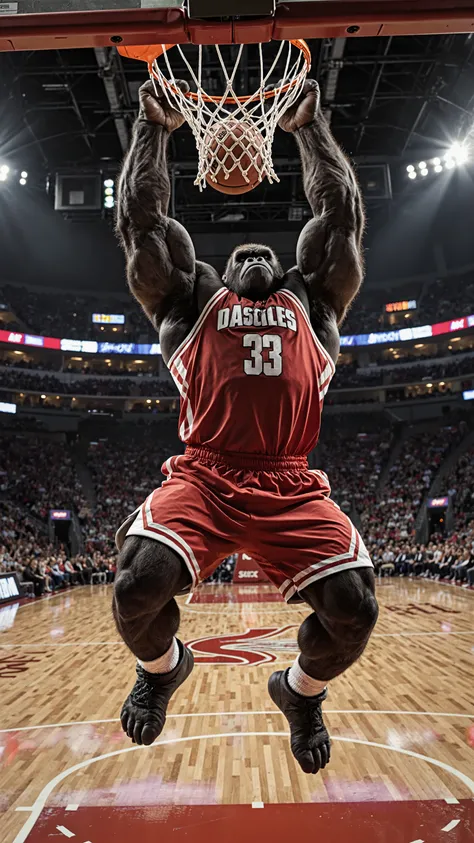 A huge muscle gorilla wears a red basketball uniform、the moment you decide to dunk powerfully、jumping high while grabbing a basketball with both hands、impressive pose where you can see muscle bulges、bird's-eye view angle from above、brightly illuminated ind...