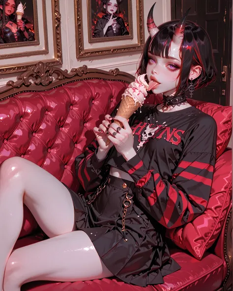 ((high angle)) goth girl pale skin hair bob hair cut black, she has she horns as Oni demon, has half veiled red and black stripes, and a tiny brasier, and a black skirt, She has small breasts, beauty legs, she is sitting on a sofa in a living room, piernas...