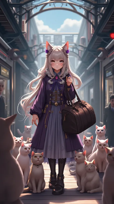 highdefinition image、The witch's cat girl with several cats is at the train station with a large carrying bag、I have several cats