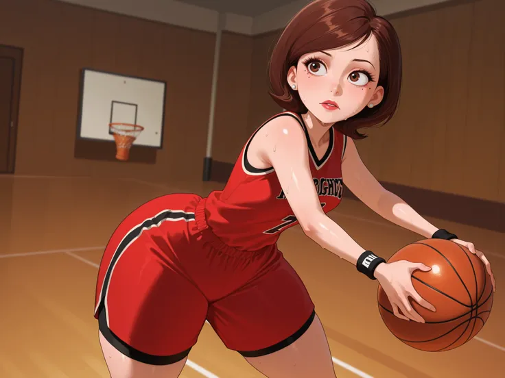 Helen Parr , mature female, medium hair, Bob_cut, brown hair, brown eyes, big eyes, long eyelashes, medium breasts, narrow waist, thick thighs, huge hips, fair skin, thin hands, earrings, makeup, pink lips, lipstick.| masterpiece, best quality, amazing qua...