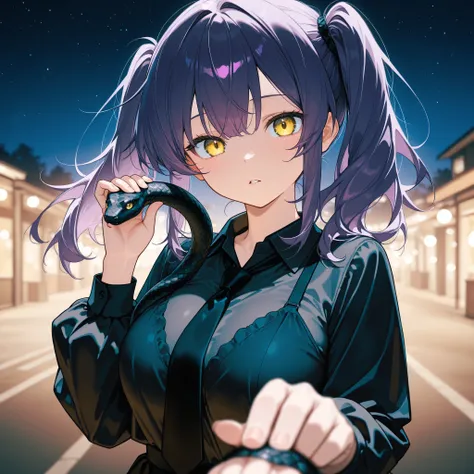 score_9, score_8_up, score_7_up, masterpiece, best quality, detailed face, 1 girl, solo, beautiful, big chest, slender body, mature, light makeup, adorable, sharp eyes, slightly parted lips,
 Medium hair, purple hair, high twintail, loose tied hair, yellow...