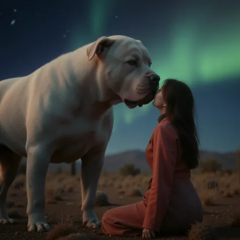 A very large muscular white-haired red nose pitbull with the enormous head of a pitbull and the body of a man, standing face to face with a horrified and extremely attractive young woman. Outside shot, desert, cacti, very bright vibrant colors of intense A...