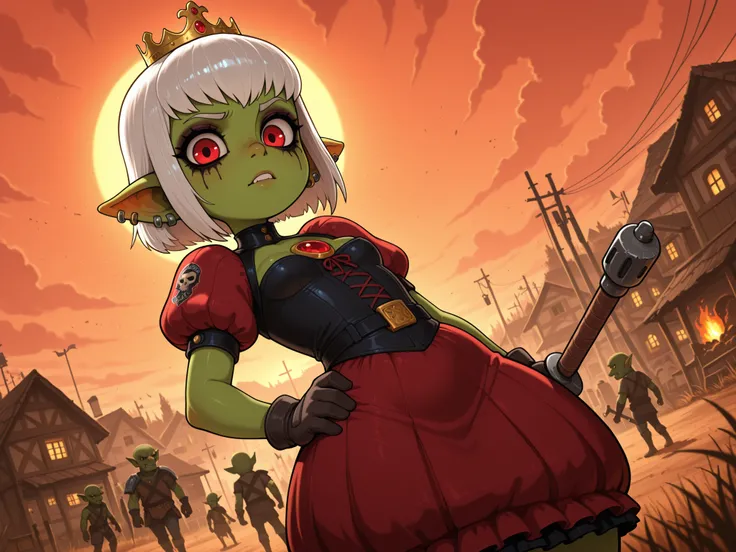 female punk, white hair, short hair, red eye , facial piercings, eye makeup, flat breasts, meduim hips, (goblin girl:1.0) (shortstack:1.0) (green skin:1.0) score_9, score_8_up, score_7_up, source_anime, princess, crown, dress, gem, gloves, puffy short slee...