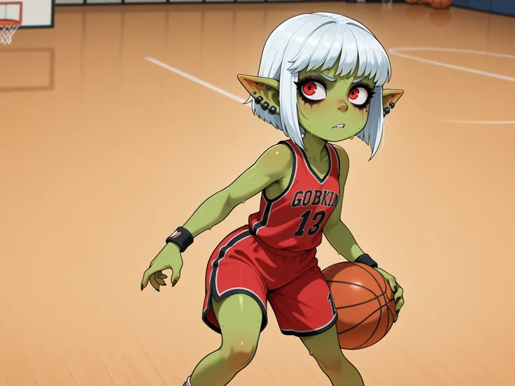 female punk, white hair, short hair, red eye , facial piercings, eye makeup, flat breasts, meduim hips, (goblin girl:1.0) (shortstack:1.0) (green skin:1.0) masterpiece, best quality, amazing quality, mole, mole under eye, bangs, anime screencap, basketball...
