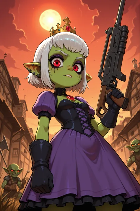 female punk, white hair, short hair, red eye , facial piercings, eye makeup, flat breasts, meduim hips, (goblin girl:1.0) (shortstack:1.0) (green skin:1.0) score_9, score_8_up, score_7_up, source_anime, princess, crown, dress, gem, gloves, puffy short slee...