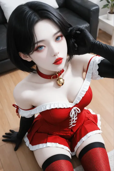 1girl, black hair, bobcut, parted bangs, pale skin, red corset, off the shoulder, red pleated skirt, ruffle trim, white trim, black gloves, long gloves, red lips, red fishnet stockings, red collar, sitting, living room, floor, view from above, looking at v...
